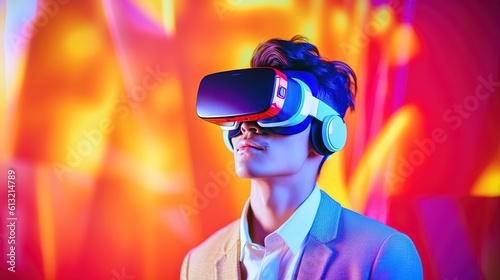 Portrait of a young man wearing virtual reality goggles against colourful background.Generative Ai