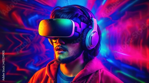 Portrait of a young man wearing virtual reality goggles against colourful background.Generative Ai © Rudsaphon