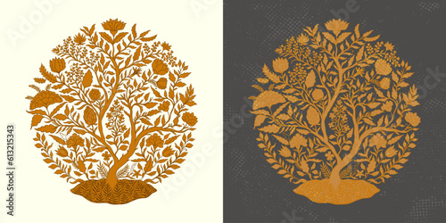 Mughal decorative ornamental tree. Vintage intricate traditional mughal style with flowers and foliage.