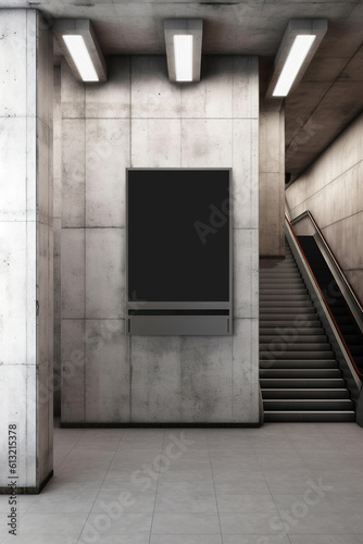 An empty subway station with stairs and a picture frame on the wall. Generative AI. Poster canvas mockup.