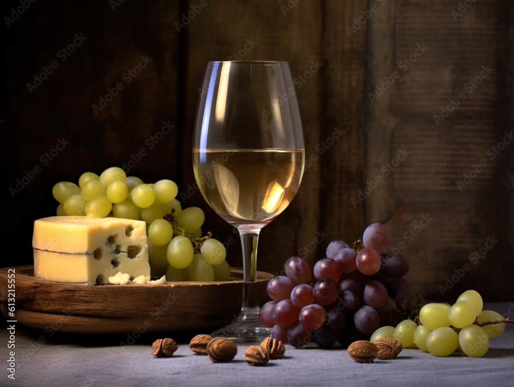 A glass of wine, cheese and grapes on a table. Generative AI.