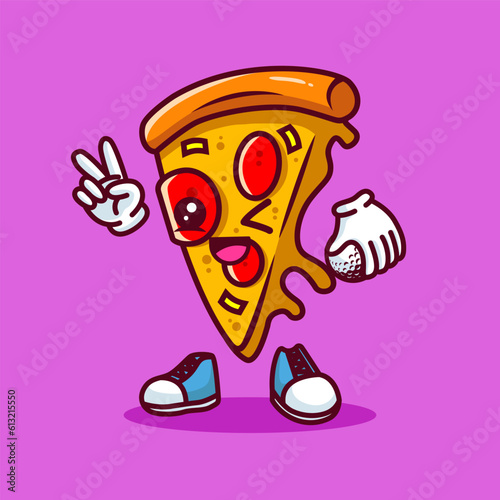 Vector illustration of kawaii pizza cartoon character with stick golf and ball. Vector eps 10