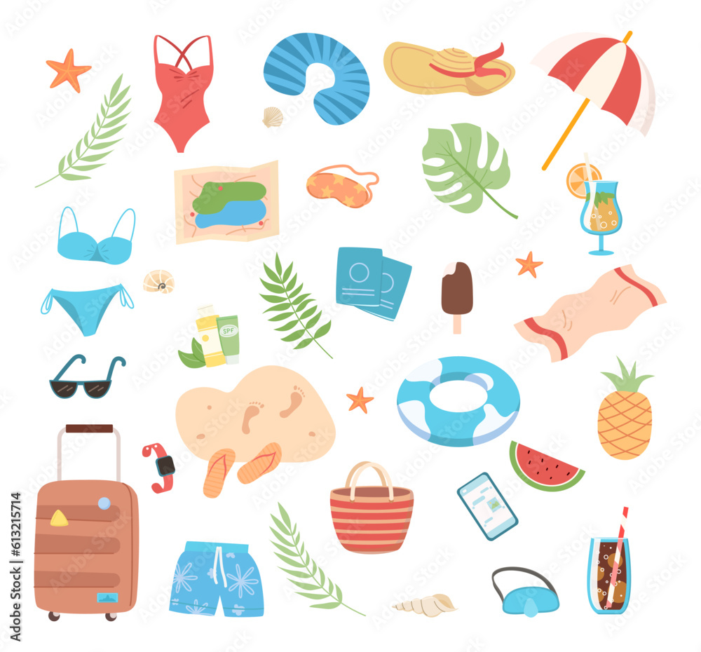 Items for summer vacation and travel. Leisure vacation accessories. beach attributes.