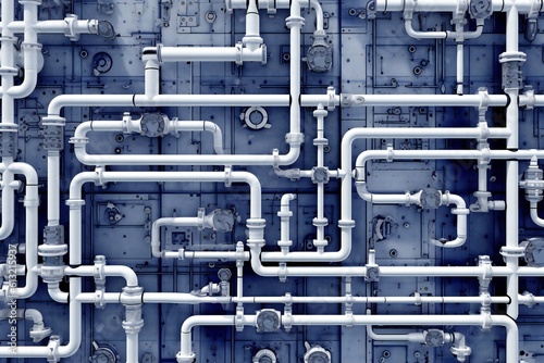 White plumbing pipes and connections blueprint on blue background Generative AI