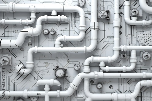 White plumbing pipes and connections blueprint on blue background Generative AI