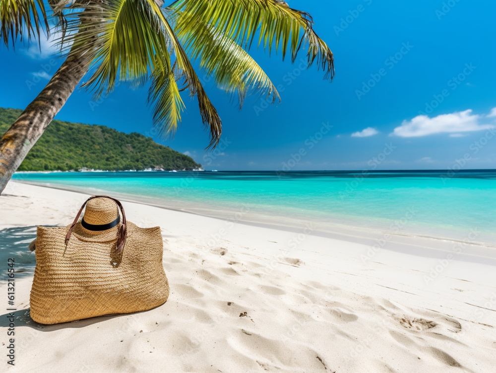 In the photo, there is a beautiful beach with white sand, azure water, a palm tree, a beach bag, a straw hat, and flip-flops. Generative AI