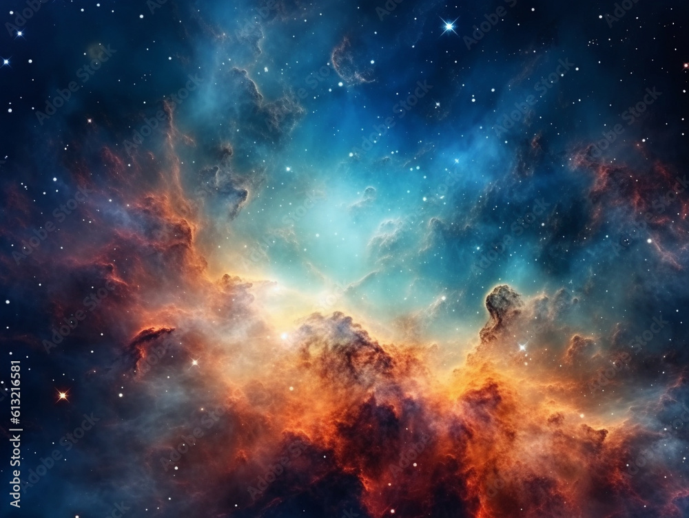 Vibrant celestial nebula in outer space. Stellar-filled nocturnal universe. Scientific study of astronomy and the cosmos. Background wallpaper depicting a captivating supernova. Generative AI