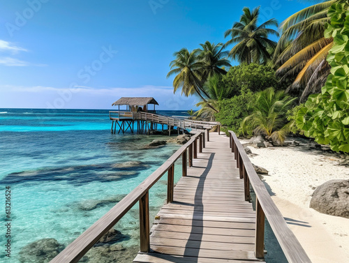 In the photo  there is a beautiful beach with white sand  turquoise water  a palm tree  and a wooden bridge. Generative AI