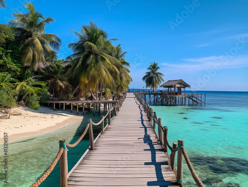 In the photo, there is a beautiful beach with white sand, turquoise water, a palm tree, and a wooden bridge. Generative AI © Julia
