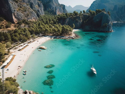 In the photo, there is a beautiful Turkish beach with clear water, white sand, and majestic cliffs, creating breathtaking beauty and luxury that captivate the soul and make it hard Generative AI