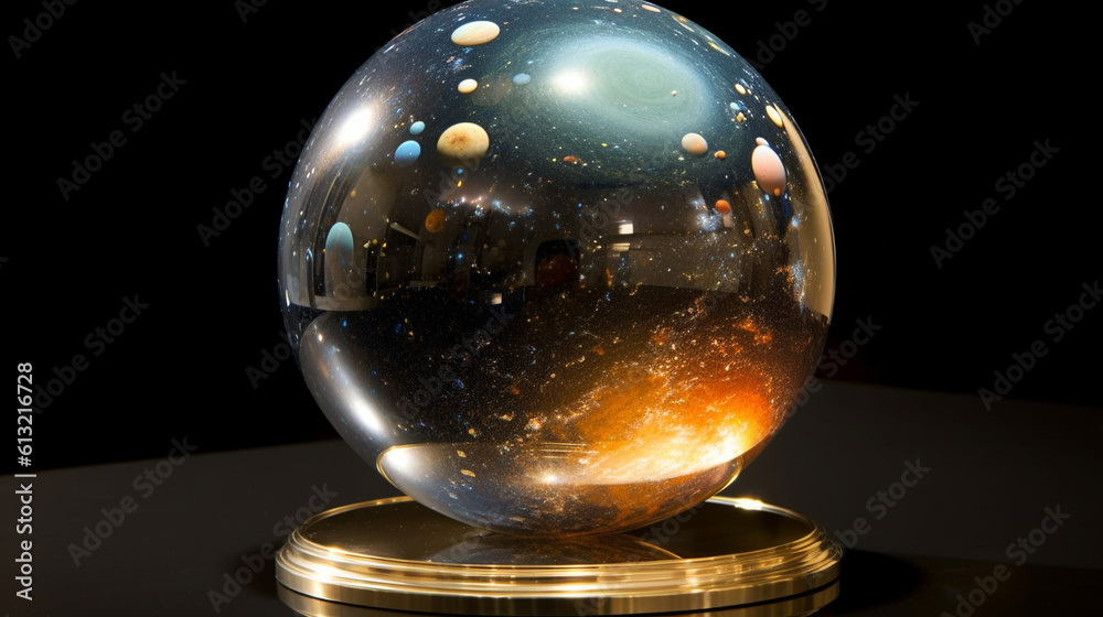 Glistening mirrored marble showcasing the universe. The glass orb bowling ball contains the sun, stars, planets, and galaxies. A radiant reflective sphere suspended in space. Generative AI