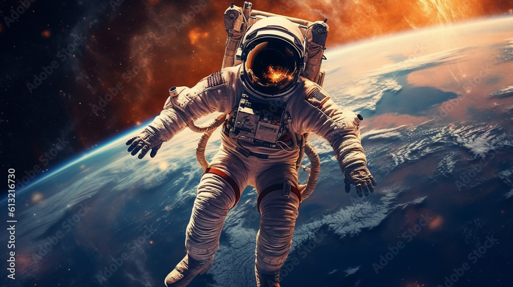 Fototapeta premium An astronaut suspended in the vastness of outer space, wearing an extraterrestrial spacesuit that defies gravity, against the backdrop of the cosmos, the universe, and the galaxy. Generative AI