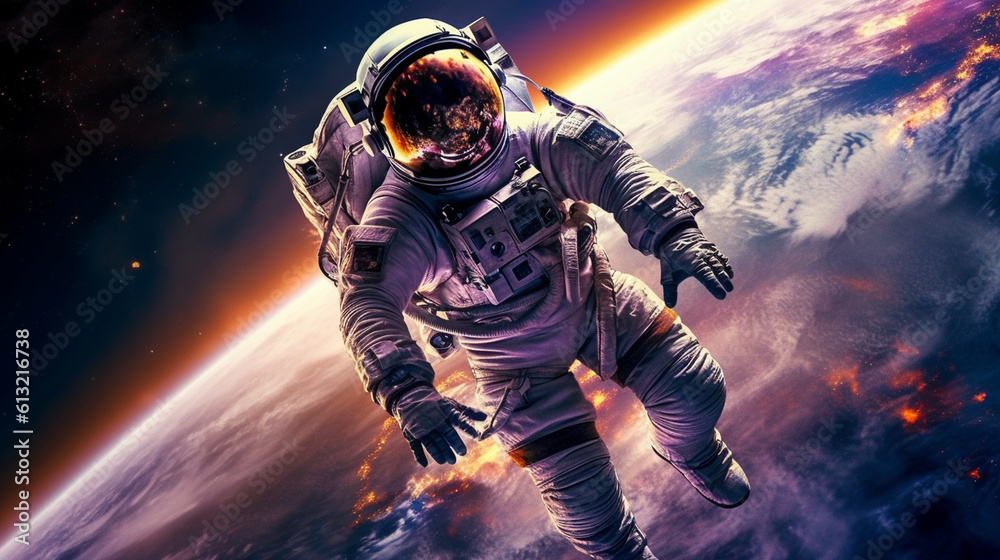An astronaut suspended in the vastness of outer space, wearing an extraterrestrial spacesuit that defies gravity, against the backdrop of the cosmos, the universe, and the galaxy. Generative AI An astronaut suspended in the vastness of outer space, wearing an extraterrestrial spacesuit that defies gravity, against the backdrop of the cosmos, the universe, and the galaxy. Generative AI