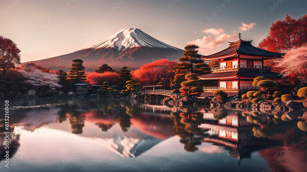 Japanese landscape featuring mountains. Generative AI