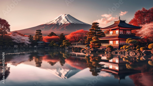 Japanese landscape featuring mountains. Generative AI
