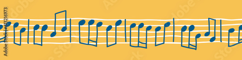 Music note stave hand drawn vector seamless border washi tape. Horizontal music books pattern texture.