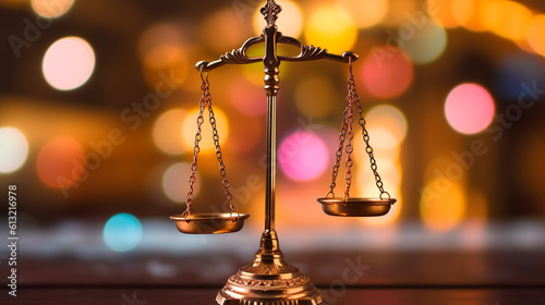 Scales of Justice against a blurred bokeh background. Generative AI