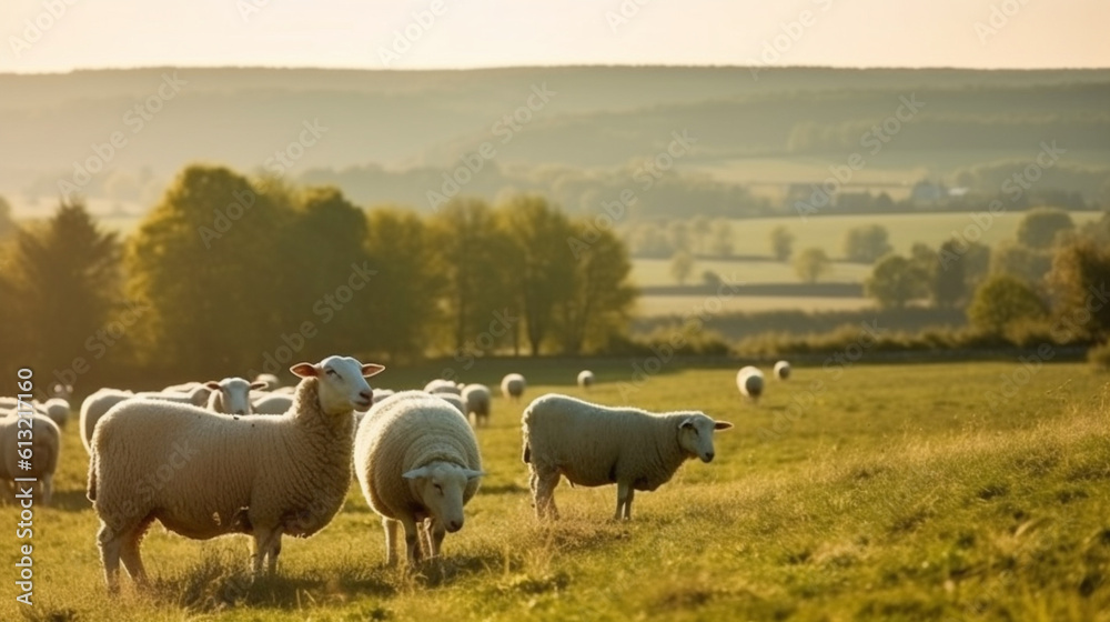 Obraz premium Sheep in the rural landscape under the radiant sun. Generative AI