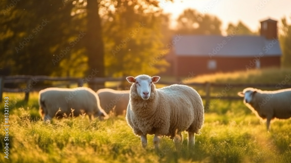 Sheep in the rural landscape under the radiant sun. Generative AI Sheep in the rural landscape under the radiant sun. Generative AI