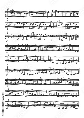 Hand drawn Music staff with music notes. Sheet of musical stave notes vector illustration