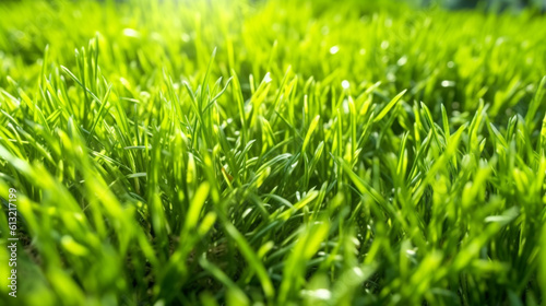 Close-up of a lush, macro view of a field with vibrant green grass. Generative AI