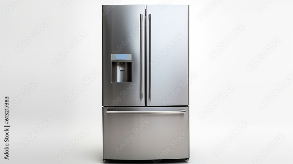 Refrigerator placed against a white backdrop. Generative AI Refrigerator placed against a white backdrop. Generative AI