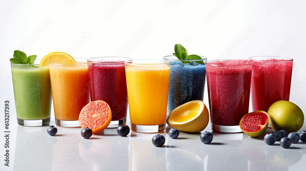 Fototapeta premium Assorted fruit juices showcased on a white background. Generative AI