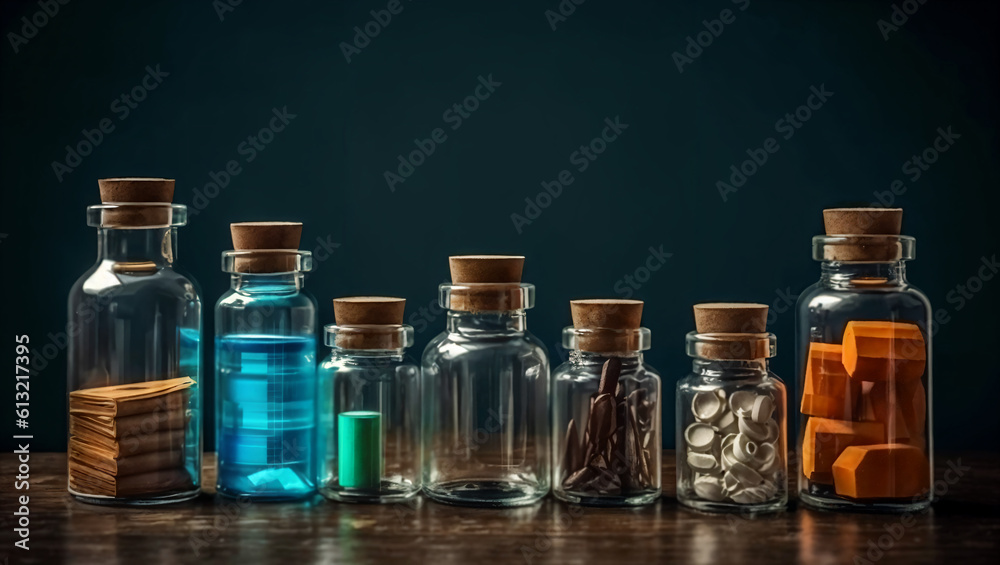 Medicine bottles and pills on dark background. Pharmacy concept.