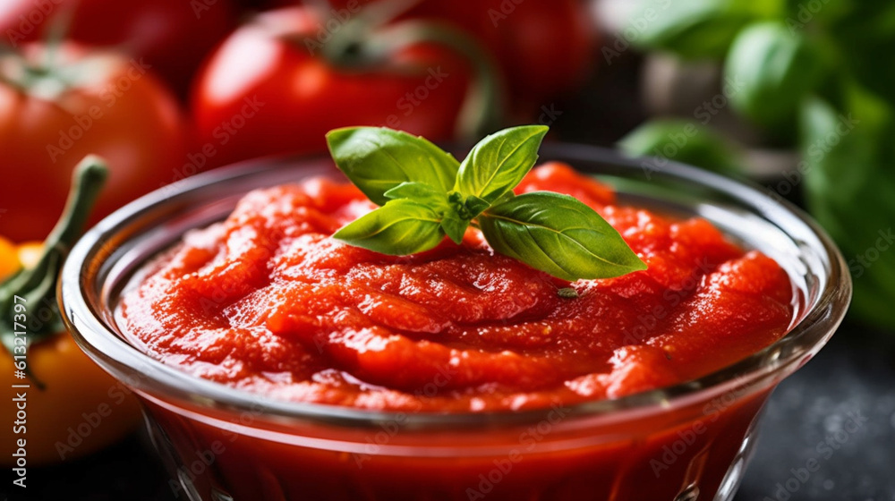 Close-up of a glass bowl filled with freshly made tomato sauce. Generative AI Close-up of a glass bowl filled with freshly made tomato sauce. Generative AI
