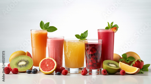 Assortment of fruit juices showcased against a white backdrop. Generative AI