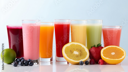 Assorted fruit juices showcased on a white background. Generative AI