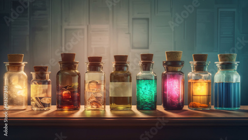 Vials and bottles with colorful magic potion in laboratory. Halloween background