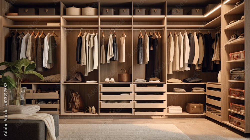 Fashionable garments displayed on shelves and stored in contemporary wardrobe compartments in a modern dressing area. Generative AI