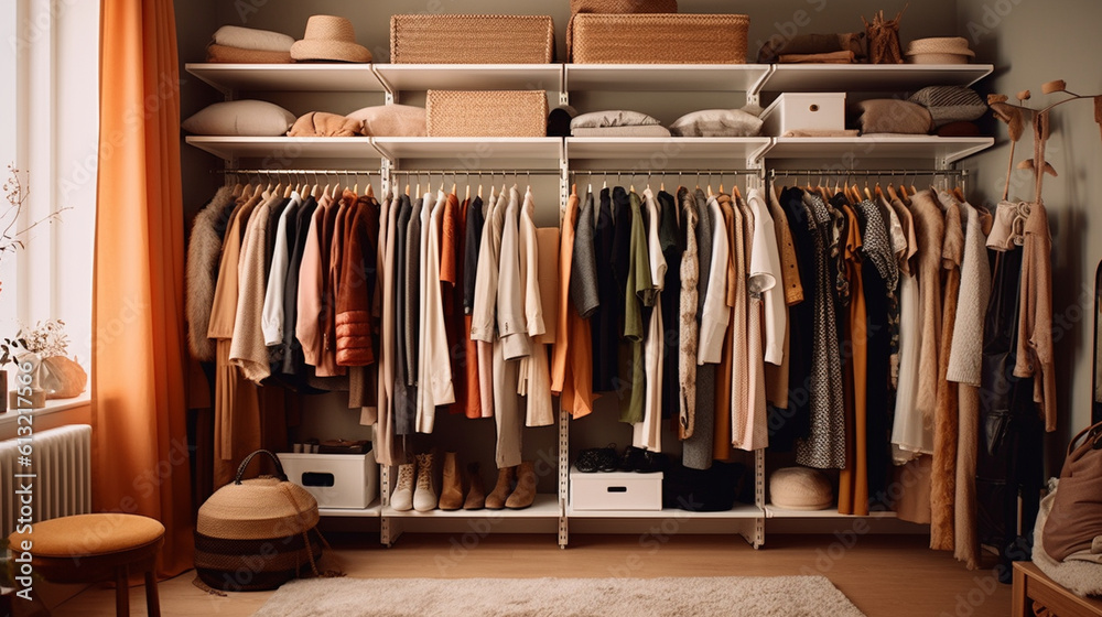 Fashionable garments displayed in clothing racks and stored in modern wardrobes. Generative AI Fashionable garments displayed in clothing racks and stored in modern wardrobes. Generative AI
