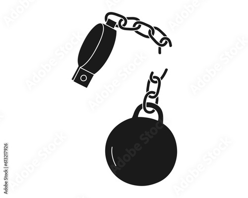 Hand drawn cute illustration of shackle with iron ball and broken chains. Flat vector liberation from slavery or habit in doodle style. Mental health, crisis, depression cure sticker, icon. Isolated.