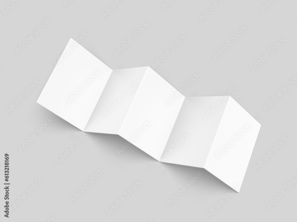Accordion fold brochure, ten page leaflet, concertina fold. blank white 3d render illustration.