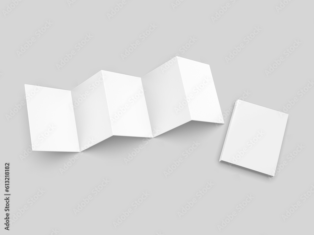 Accordion fold brochure, ten page leaflet, concertina fold. blank white 3d render illustration. Accordion fold brochure, ten page leaflet, concertina fold. blank white 3d render illustration.