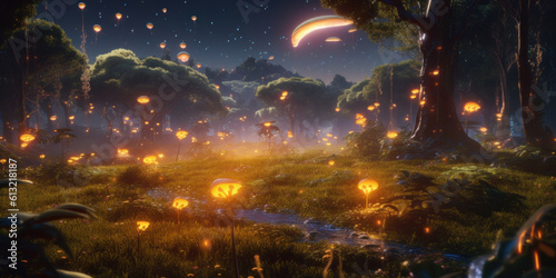 Glowing Firefly Night  Magical Lightning Bugs in Nature s Wonderland glowing wallpaper background. Generative AI