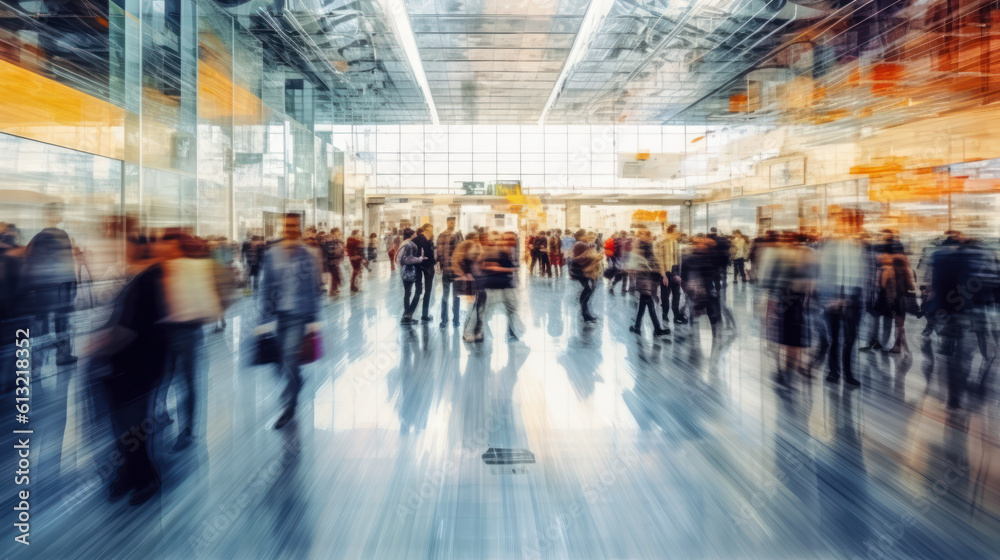 Abstract Movement: Busy Airport Terminal with Rushing Passengers. Generative AI. Abstract Movement: Busy Airport Terminal with Rushing Passengers. Generative AI.
