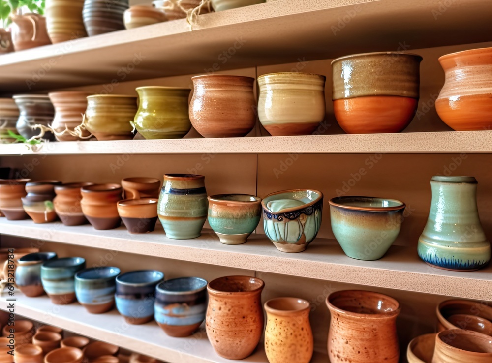 Pottery backgrounds, ceramics and shelf in studio, creative store or manufacturing startup. Clay products, collection and display in workshop, small business Created with Generative AI technology. Pottery backgrounds, ceramics and shelf in studio, creative store or manufacturing startup. Clay products, collection and display in workshop, small business Created with Generative AI technology.