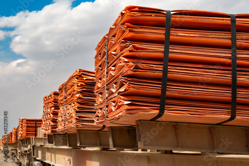 Copper cathodes loaded on a train in a copper mine ready to be delivered, Chile