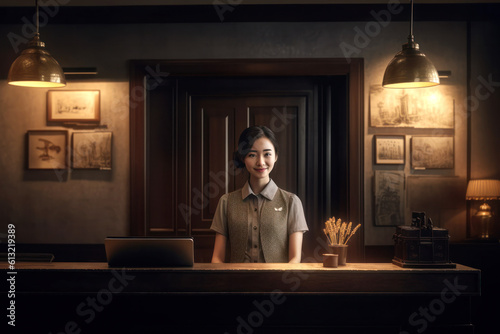 The receptionist of a luxury hotel at the lobby desk. Composite with different elements made with generative AI