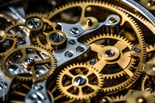 golden Gears, knobs, cranks, and wheels turning. Moving parts. Clock pieces running like clockwork. Steampunk background with gears and cogwheels. Close up. generative AI