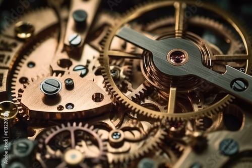 golden Gears, knobs, cranks, and wheels turning. Moving parts. Clock pieces running like clockwork. Steampunk background with gears and cogwheels. Close up. generative AI