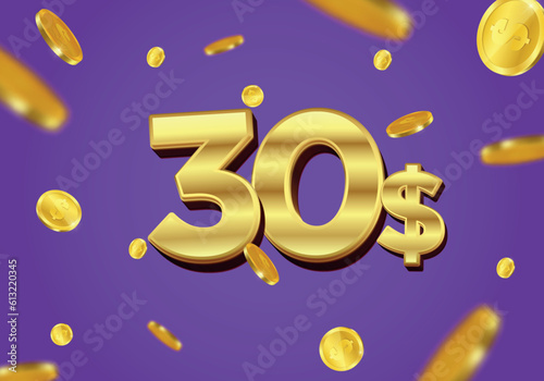 30 Dollar gift or offer poster with flying gold coins. Thirty Dollar coupon voucher, cash back banner special offer, casino winner. Vector illustration.