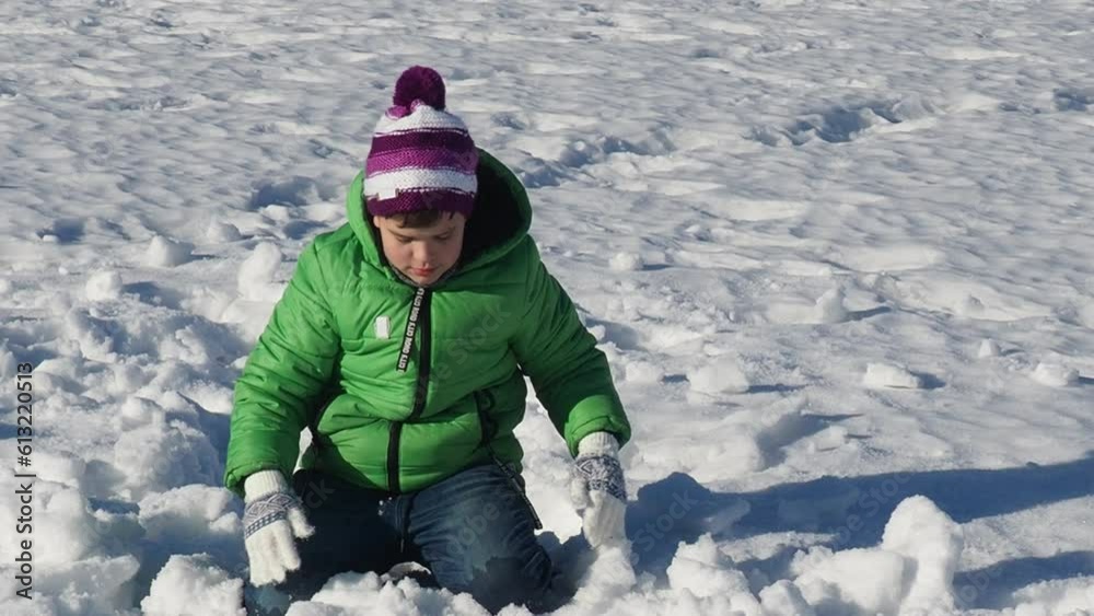 Little boy building snowman in snowy park. Child embracing snowman wearing hat and scarf. Active outdoors leisure with family with children in winter. Kid during stroll in a snowy winter park Little boy building snowman in snowy park. Child embracing snowman wearing hat and scarf. Active outdoors leisure with family with children in winter. Kid during stroll in a snowy winter park