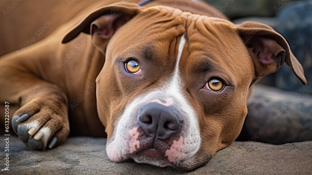 American Staffordshire Terriers Lying Comfortably: A Close-up Look at Man's Best Friend. Generative AI