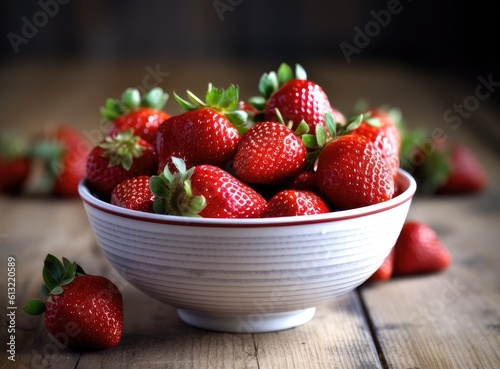 Heap of fresh strawberries in ceramic bowl on rustic white wooden background. Created with Generative AI technology.