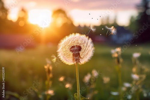 Dandelion flower in the meadow at sunset. Beautiful nature background. Dandelion on the meadow in the rays of the setting sun  Fluffy flower weed in grass field. generative AI