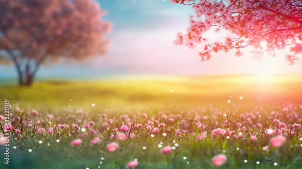 Beautiful spring landscape with blooming cherry tree and sun rays. blooming flowers and trees. Summer meadow field with grass and bokeh wallpaper landscape. generative AI
